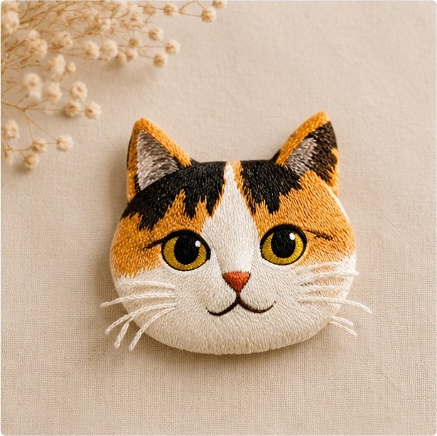 ねこの刺繍ブローチ（ミケ）